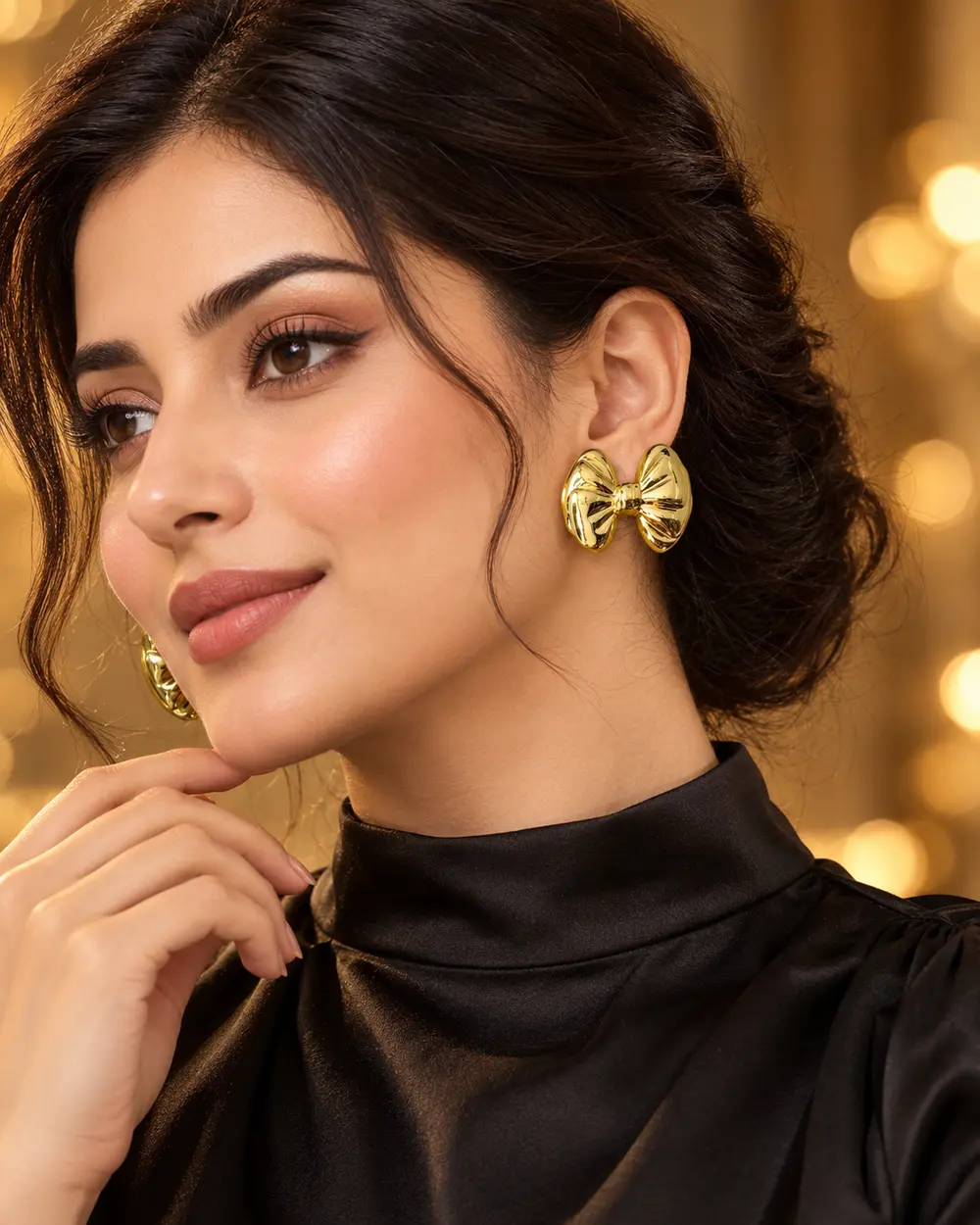 Gold Pleated Bow Studs