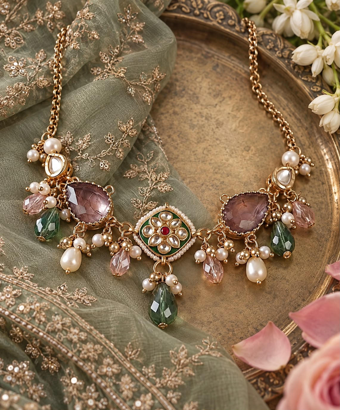 Mauve Green Enamel Necklace