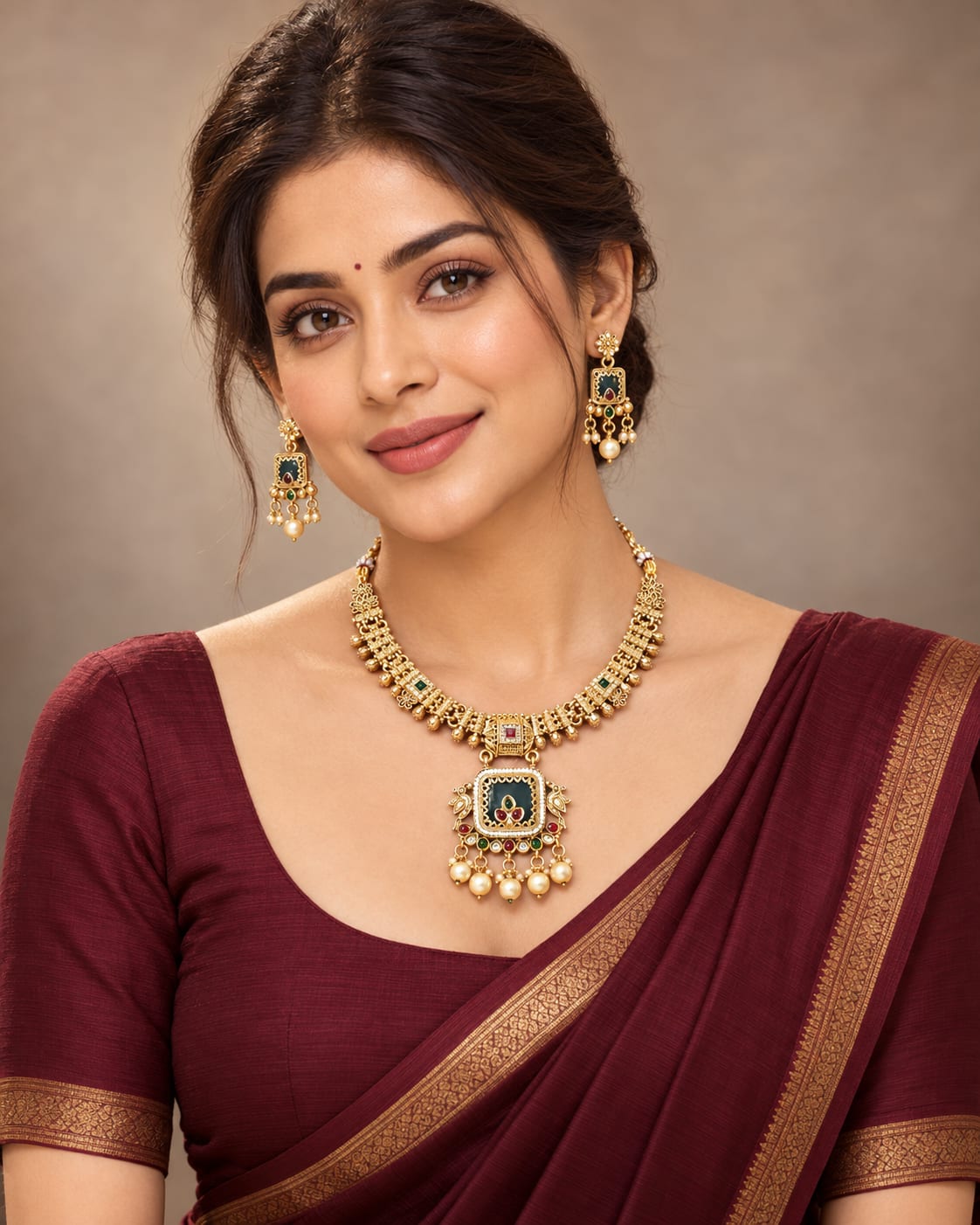 Gold-tone necklace with a green square pendant, pearl drops, and a matching earring