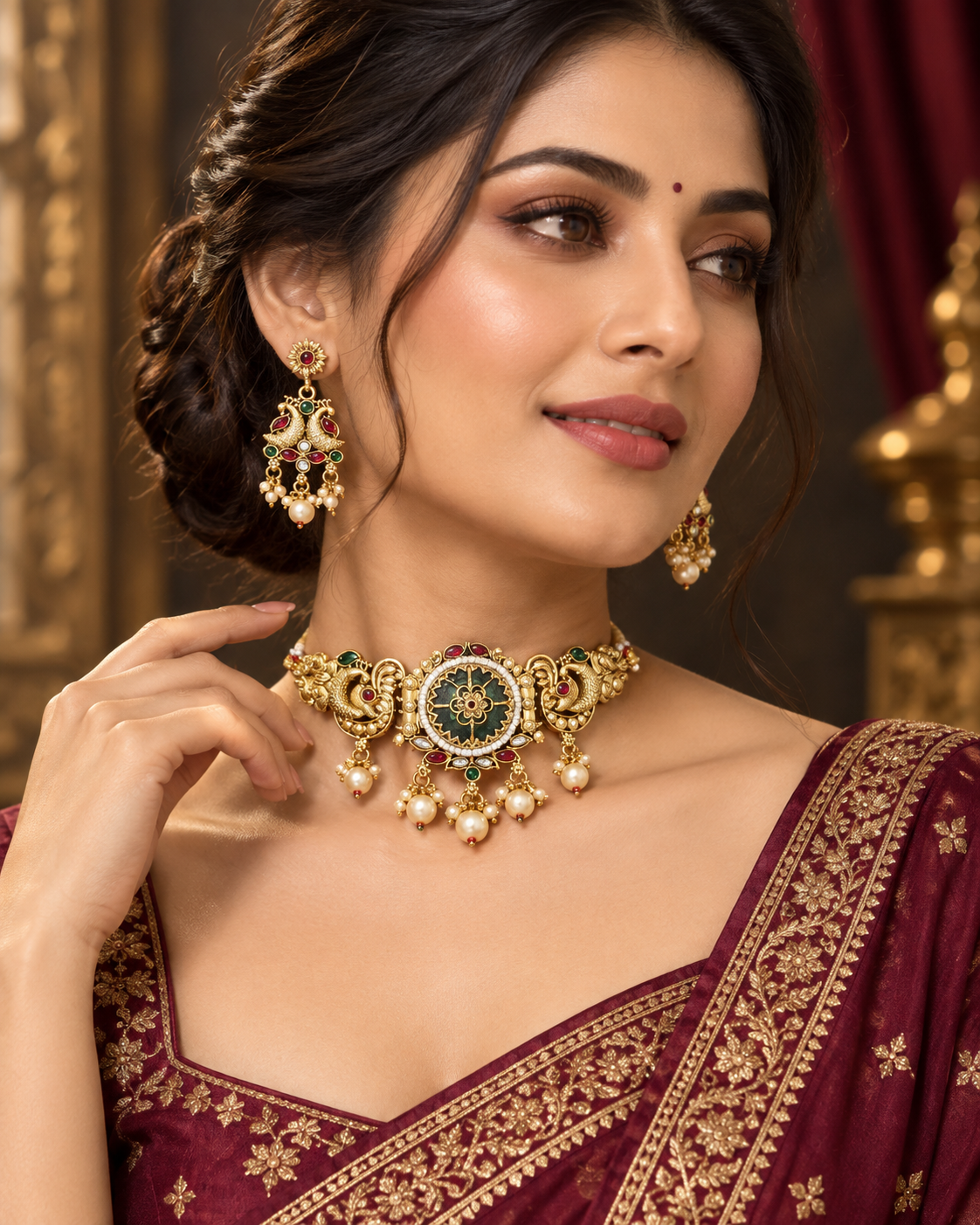 Maroon Peacock Choker Set