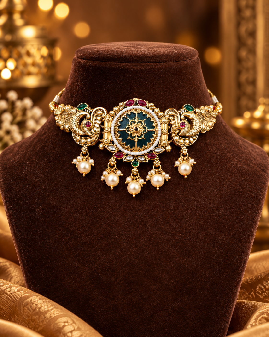 Maroon Peacock Choker Set