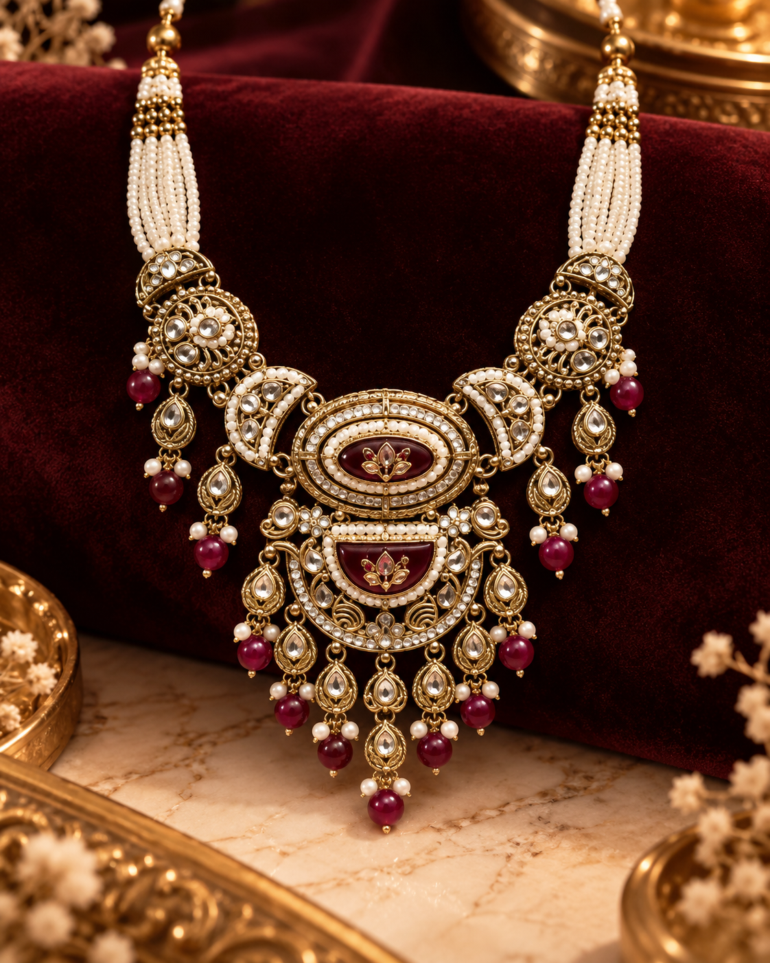 Ruby and Pearl Necklace Set